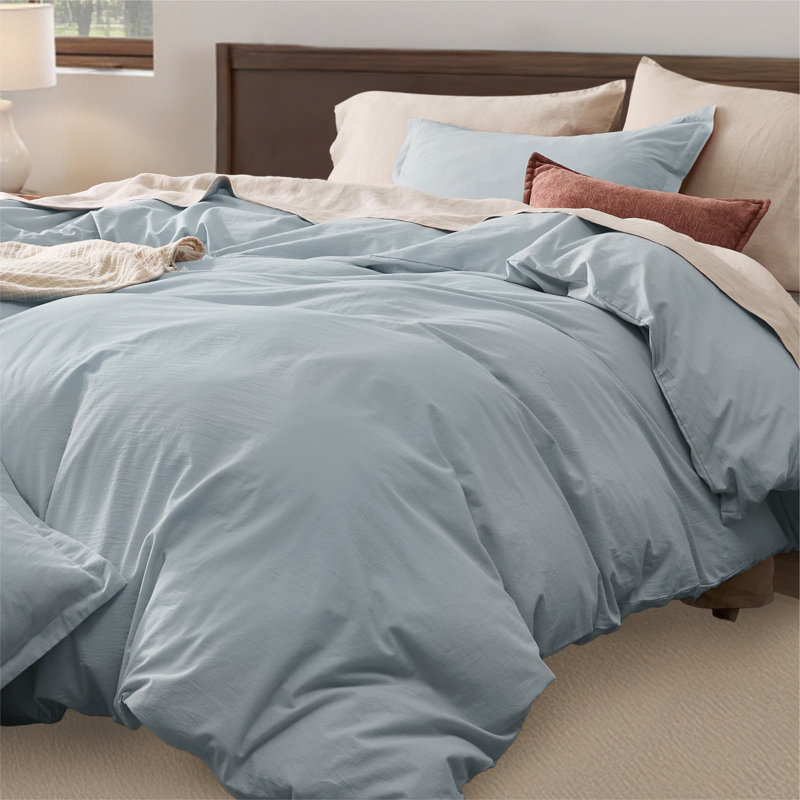 Bedsure 100% Washed Cotton Duvet Cover Queen Set - Minimalist Cotton Beding Set For All Season（set of 3）, Baby Blue