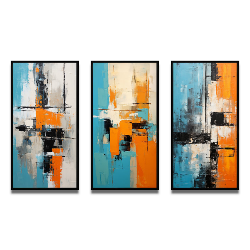 «Cubist Visions Deconstrstruction Minimalisme III», ensemble de 3 impressions, Cadre flottant noir, H 32 po x l 48 po