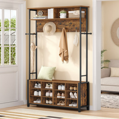 Coat Rack with Shoe Storage, Hall Tree with Bench for Hallway, 14 Open Compartments, Coat Stand with Adjustable Shelves, 13 Hooks, Top Storage for Living Room, Entrence 
