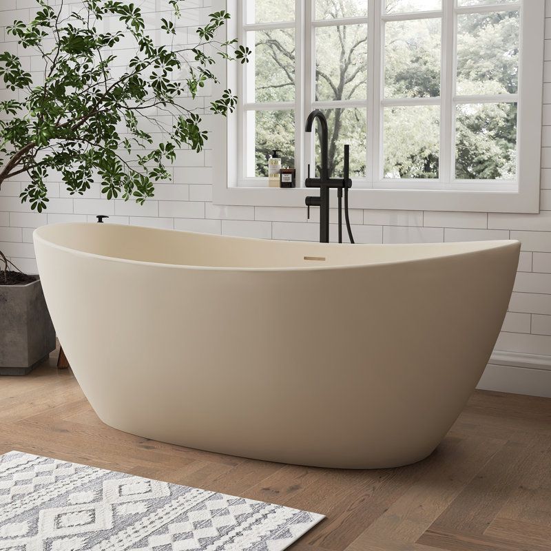 Forma 65'' Freestanding Bathtub Solid Surface Deep Soaking Tubs Double Slippers, Millky Coffee
