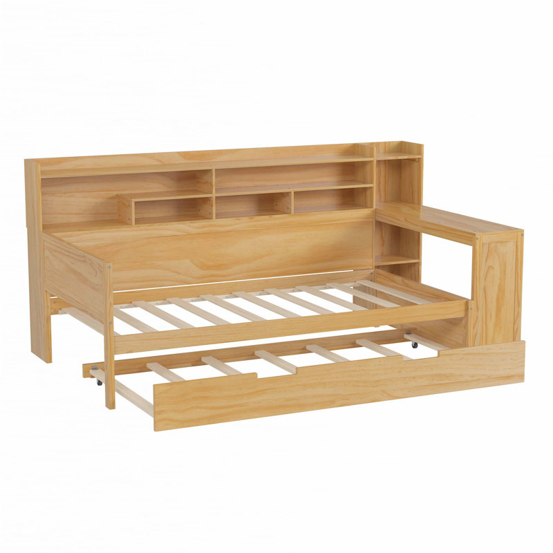 Lit de jour avec tablettes de rangement, lit multifonctionnel avec lit gigogne simple et bureau d'étude, Naturel, Lit simple