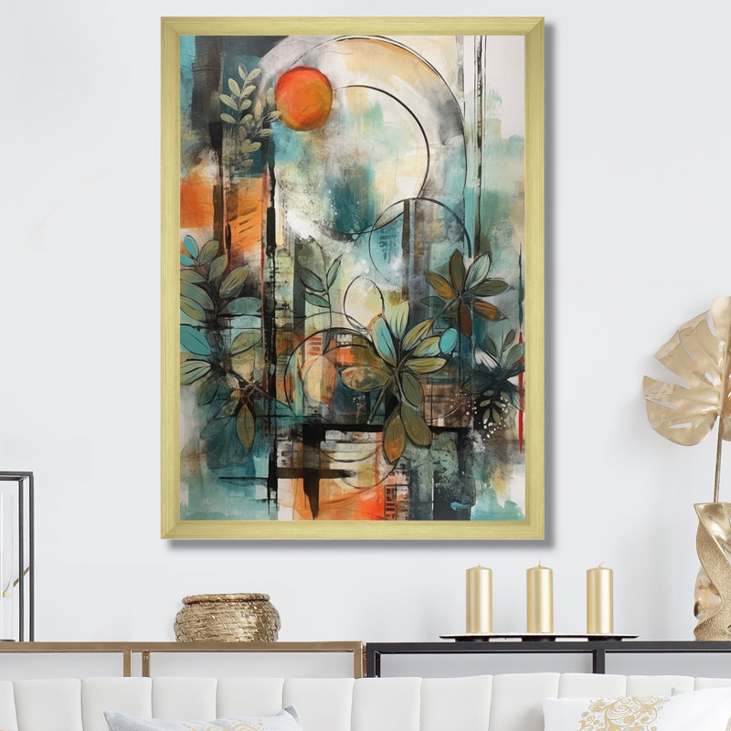 «Hedley Orange and Green Abstract Bohemia II», reproduction sur toile, H 44 po x l 34 po x P 1,5 po, Encadrement doré