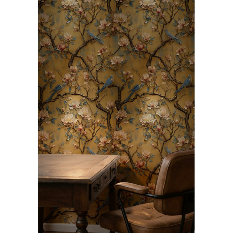 Papier peint floral avec oiseaux Magnolia