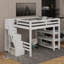 Lit mezzanine double avec tablettes, escalier de rangement, petite armoire et lumière DEL
