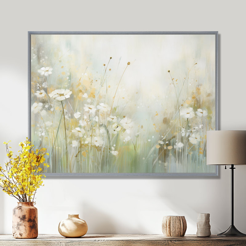 «Green Beige Serene Meadows II - Abstract Botanicals», art mural, H 30 po x l 40 po x P 1,5 po, Encadrement argenté