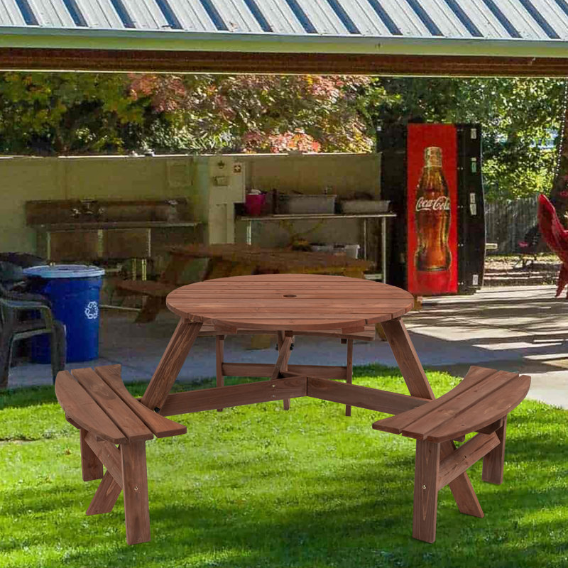 Circular Outdoor Wooden Picnic Table For Patio, Backyard, Garden, DIY W/ 3 Built-In Benches, 1720Lb Capacity, 4, Brown