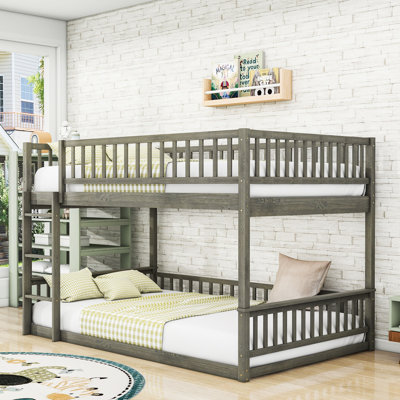 Queen Over Queen Wood Bunk Bed With Guardrails And Ladder