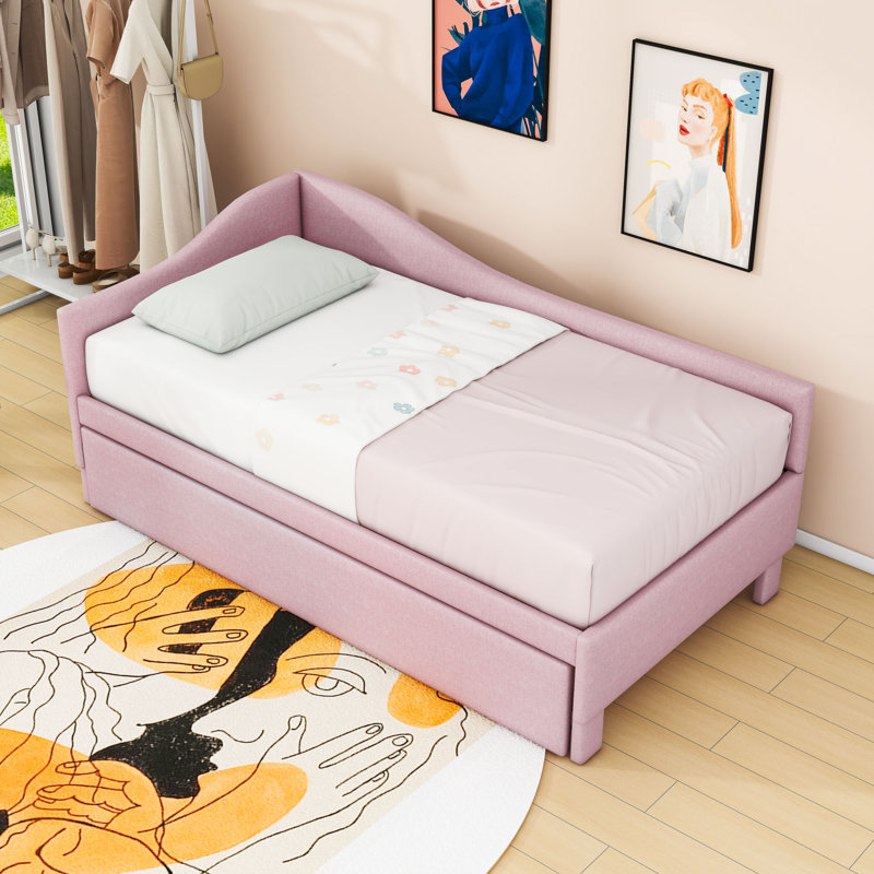 Twin L-Shaped Upholstered Daybed with Pop Up Trundle, Pink