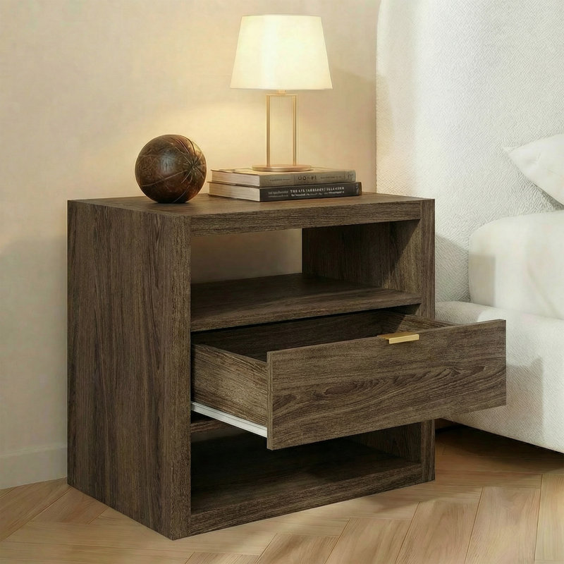 Hanzel Modern Minimalist Nightstand With Textured Finish & Open Storage Shelf, Walnut
