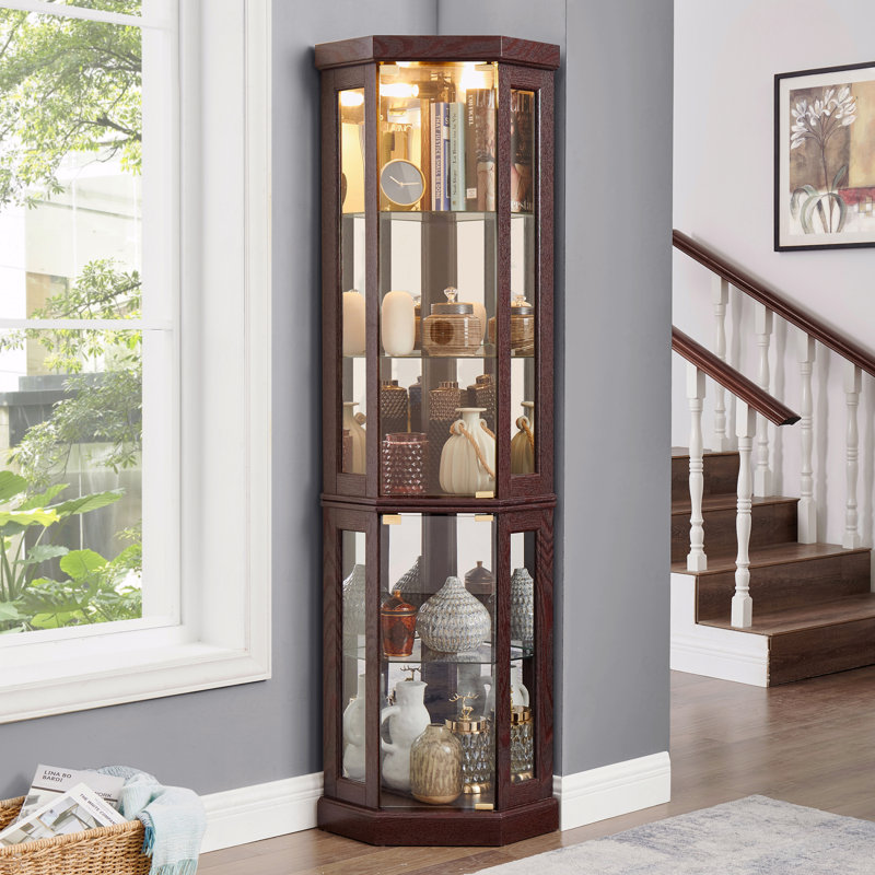 Corner Cabinet, Antique, Glass, - Display Case For Living Room, Collectibles, Wine And Bar Storage, Brown