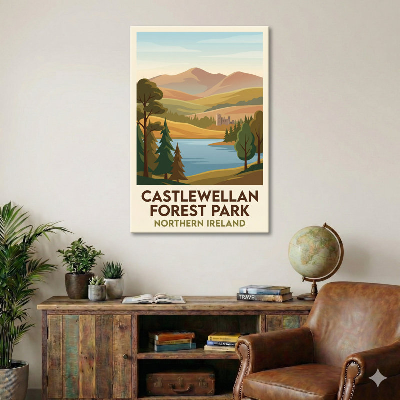 Castlewellan Forest Park, Northern Ireland - Romantic Woodland Lake Travel Poster. Giclee Print On Wrapped Canvas. Wall Art, Home Decor - Parks & Gardens, Northern Ireland - Wrapped Canvas Print