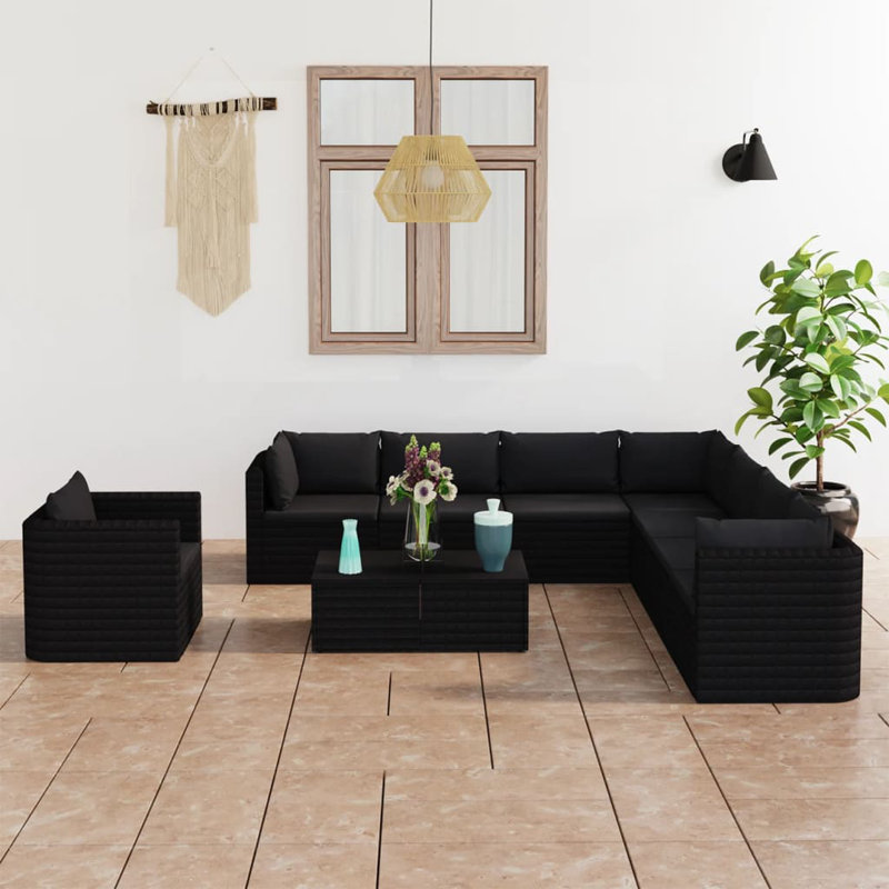 Large canapé de patio avec coussins, 10 pièces: 2 tables, 3 tables de coin, 4 chaises , Black