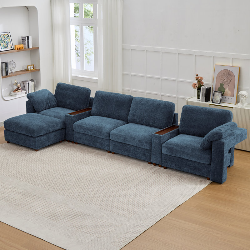 5 - Piece Teddy Modular Sectional Sofa Cloud Couch with Ottoman and 2 Storage Side Table, Blue, 4