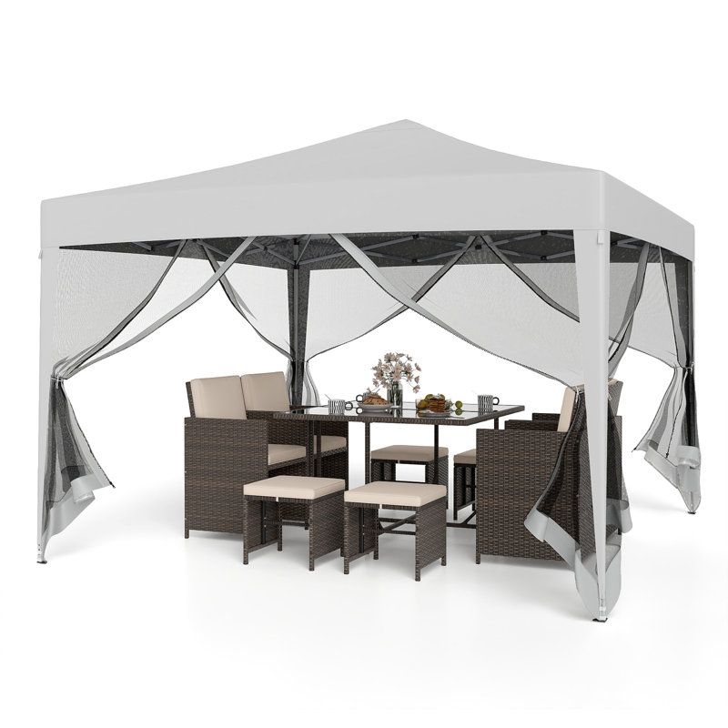10 FT x 10 FT Pop-Up Canopy Tent w/ Mesh Netting Carry Bag 8 Stakes & 4 Ropes Outdoor Rustic Brown, Brown