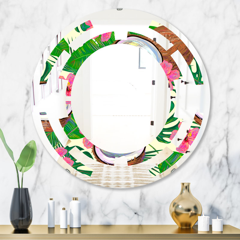 Miroir mural Space Cottage Americana, 31,5 po x 31,5 po, Noix de coco dans l'espace et fleurs de la jungle