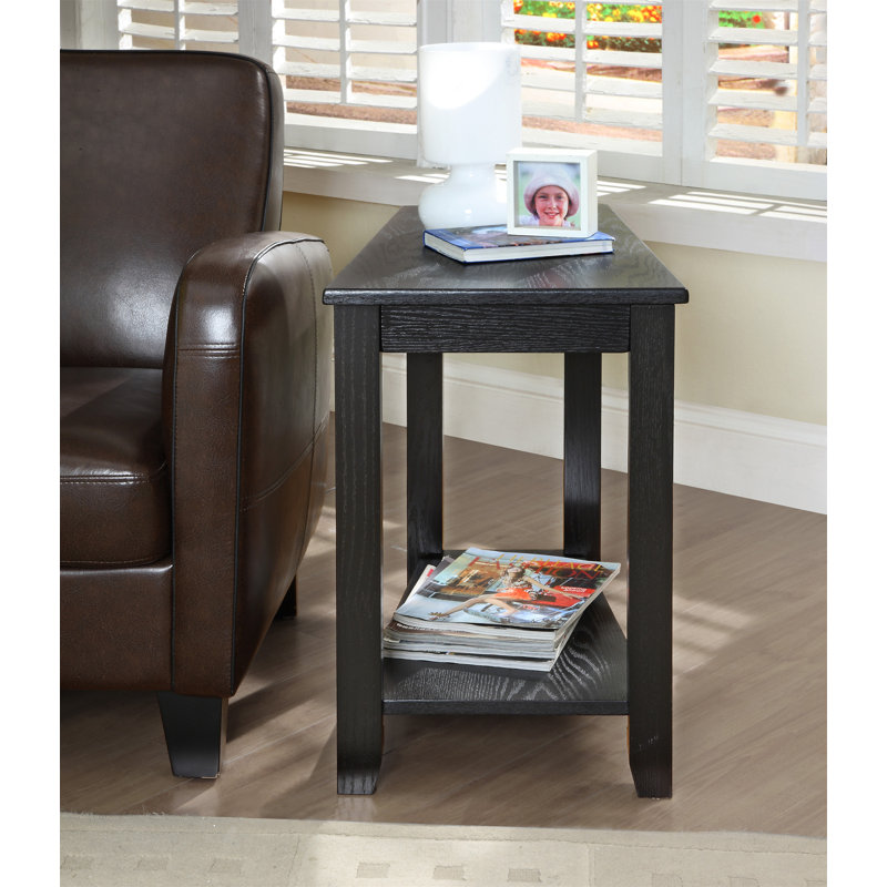 Black Triangular Wood Chairside Table with Shelf