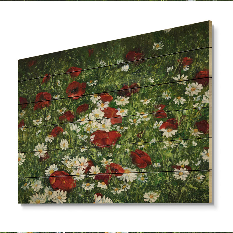 Champ de fleurs rouges et blanches - Impression traditionnelle sur bois rouge, H 24 po x l 36 po x P 1 po