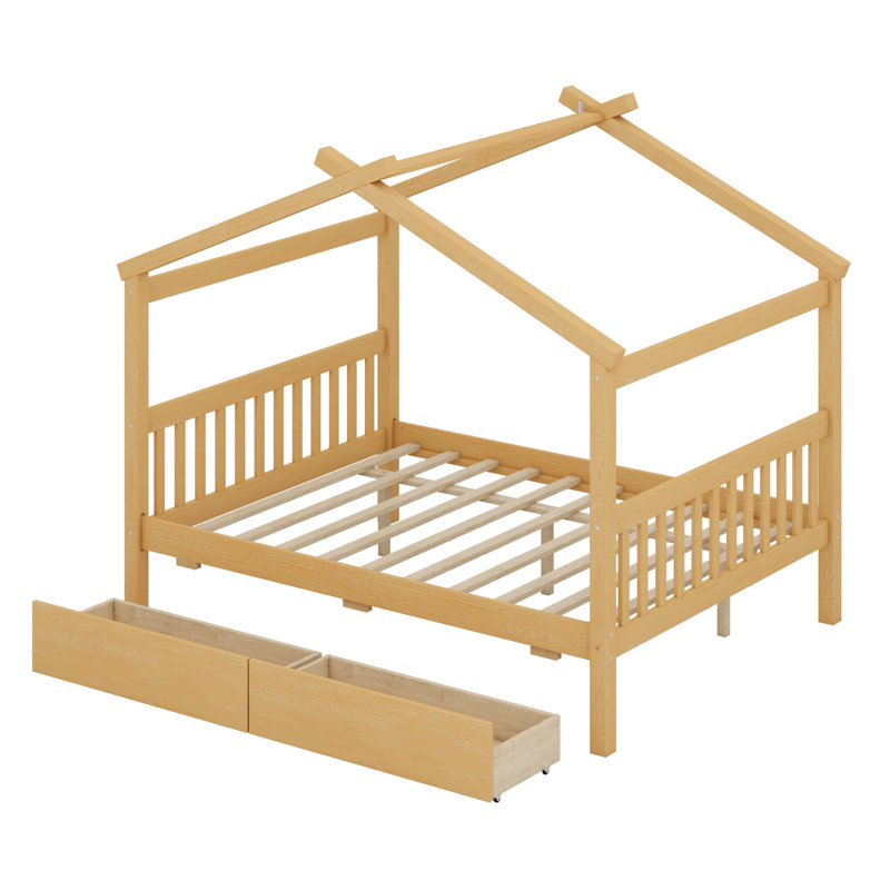 Lit en bois avec tiroirs, Naturel