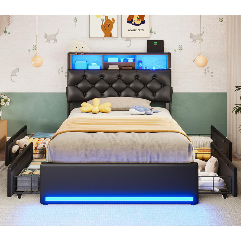 Lit plateforme tapissier avec rangement, Noir, Lit simple