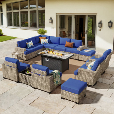 Wahkon 11 - Person Outdoor Conversation Set,  Wicker Patio Seating Group with Cushions, All Weather Sectional Sofa Set with Fire Pit for Garden, Backyard