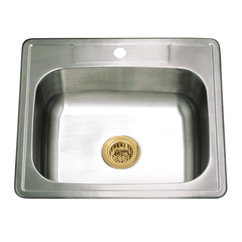 Kingston Brass Studio 25-Inch Stainless Steel Self-Rimming Single Bowl Bar Sink With 1-Hole Drain And Strainer, Brushed Brass