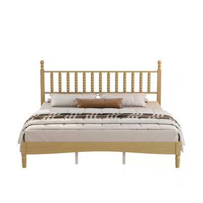 Wood Platform Bed with Gourd Shaped Headboard,Retro Style Platform Bed with Wooden Slat Support
