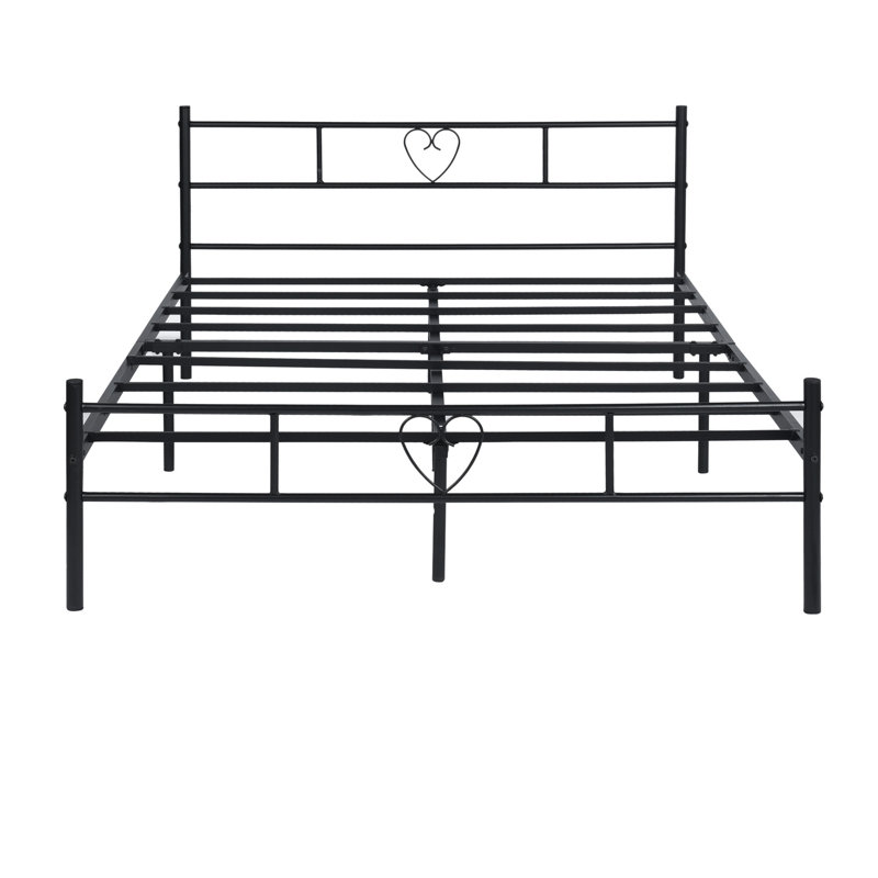 Aaru Heart Design Metal Bed Frame with Headboard & Footboard, Double (4'6), Black