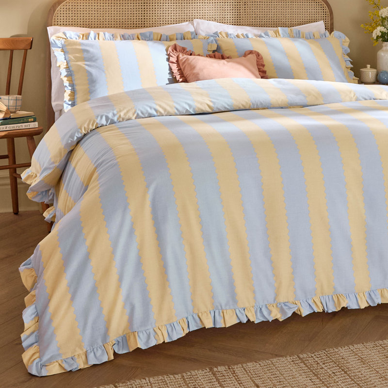 Birdie Stripe Striped Duvet Cover Set with Pillowcases Included, Blue/Yellow Striped