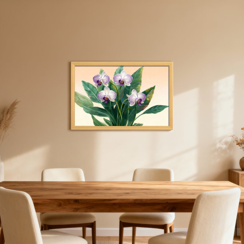 Plantes et fleurs fleurs d'orchidées avec feuilles vertes et fond doux, H 12 po x l 18 po, Toile tendue, Ne s’applique pas