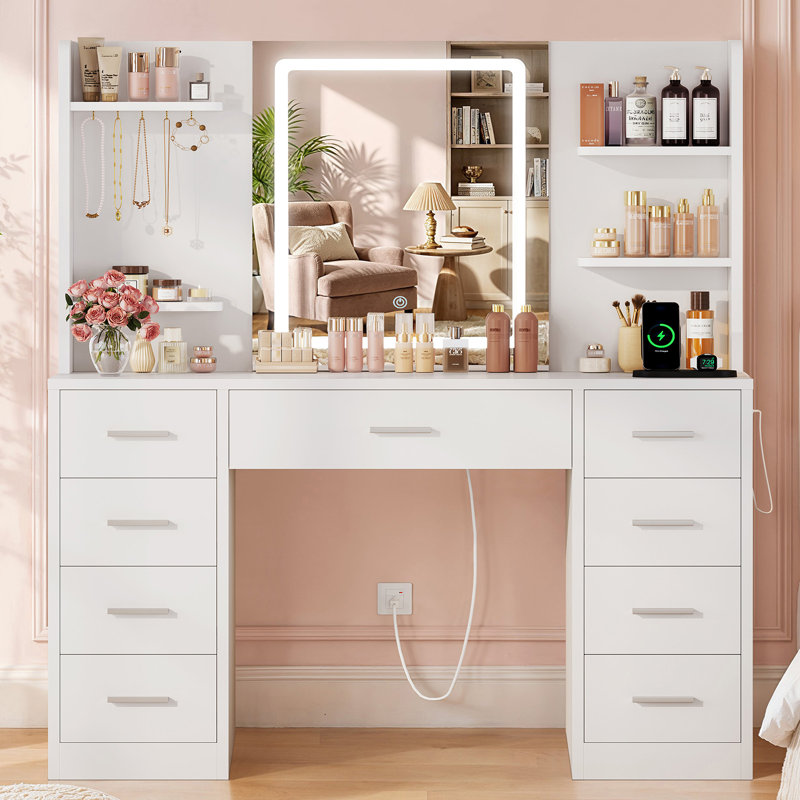 Table de coiffeuse avec miroir à DEL, prise de courant, bureau de coiffeuse avec 9 tiroirs, 4 tablettes, 5 crochets à bijoux, blanc