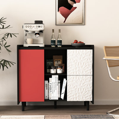 Modern Coffee Bar Cabinet With Black Base And Red Doors For Dining Area Sideboard Buffet Body Kitchen, Room