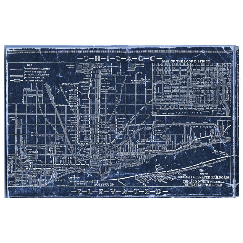 «Chicago Railroad Blueprint Map» par Oliver Gal - impression sur toile, H 36 po x l 54 po x P 1,5 po