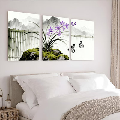 Purple Orchid and Bamboo Landscape Canvas Wrapped Wall Art, Chinese Ink Painting Style (Set of 3)