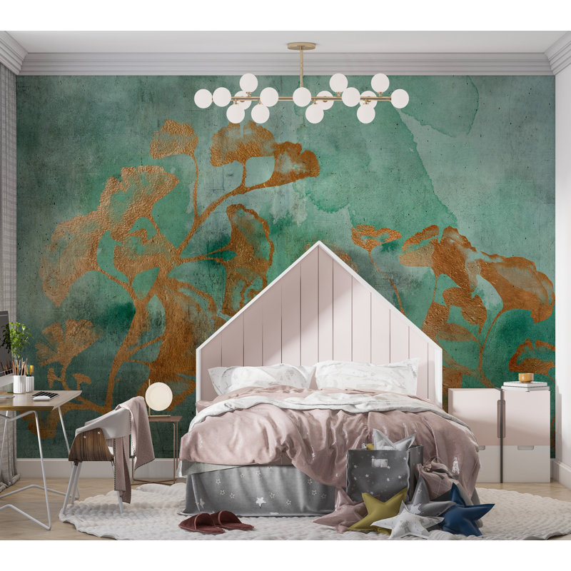 Murale botanique pelez et collez - Ginkgo cuivre abstrait, L 82 po x l 115 po