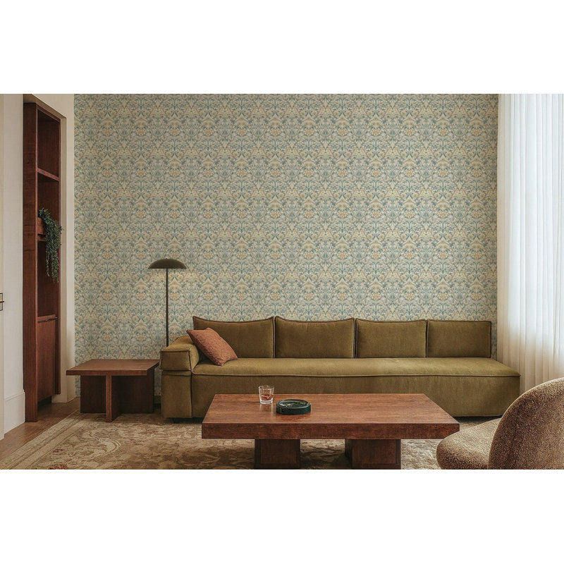 Ribbon Lily - Wallpaper, Silvered Blue, Faux Grasscloth, Non-Pasted