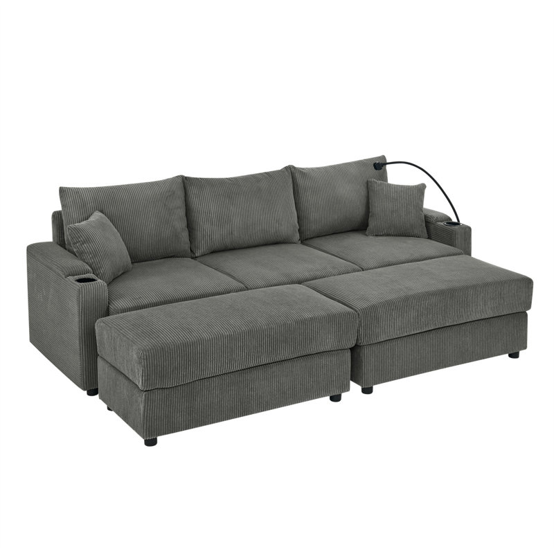 Canapé-lit moderne avec rangement, avec 2 repose-pieds, canapé à assise profonde avec porte-gobelets et porte-téléphone, canapé en velours côtelé beige pour le salon