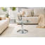 27.5-inch diameter round tempered glass coffee table. 17.7 inches high, supported by a silver metal base, with a light luxury edge.-101128224