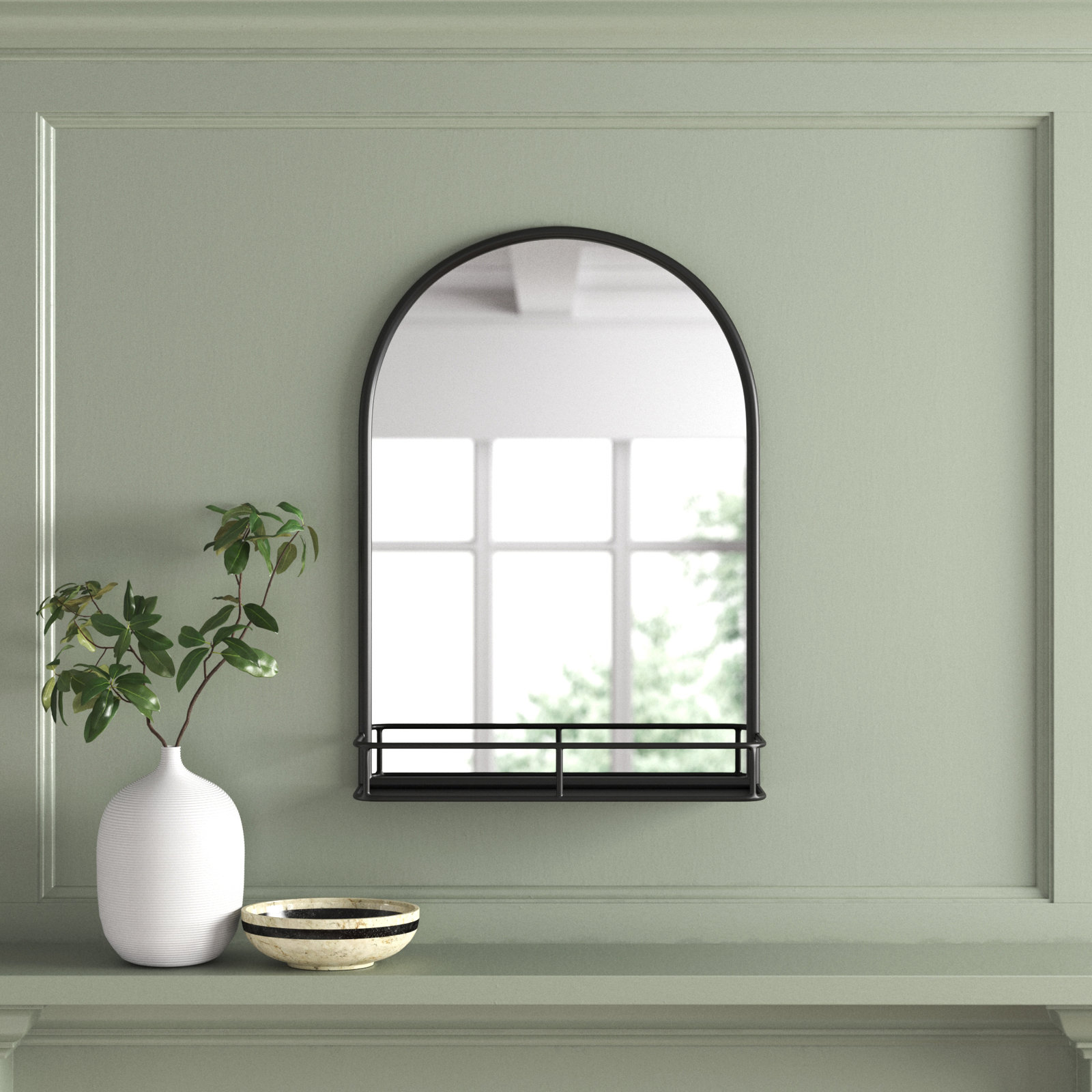 Koda Metal Flat Mirror with Shelves, Black