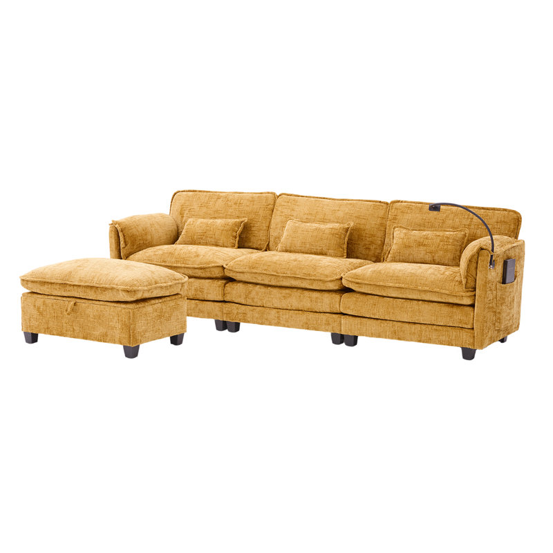 Canapé modulaire surdimensionné de 112 po pour le salon - canapé en L en chenille moderne, canapé-lit modulaire confortable avec repose-pieds de rangement mobile, support pour téléphone et port de charge USB