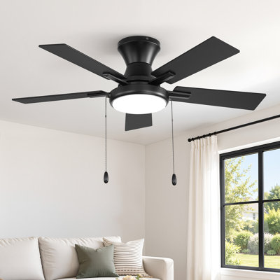  Cissline 42" Black Modern Flush Mount Ceiling Fan with Light Kit, Remote & Pull Chain Control for Bedroom, Living Room