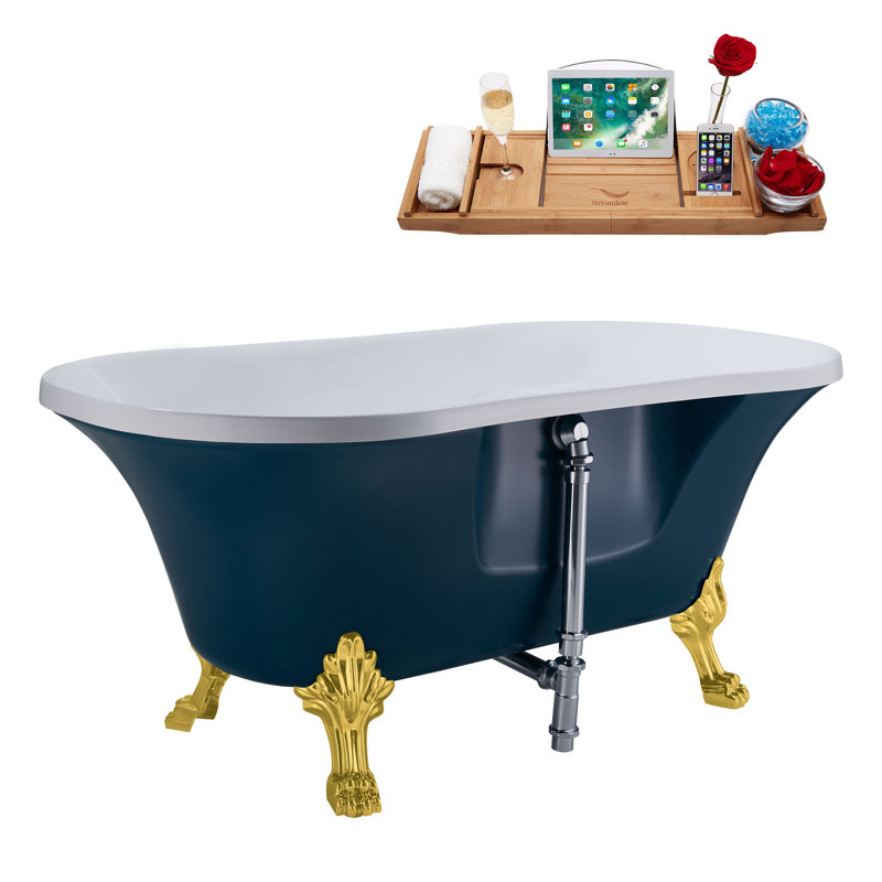 Baignoire de trempage sur pieds 60 "avec drain, pattes et plateau en bambou 60" Streamline, Or poli, Chrome poli