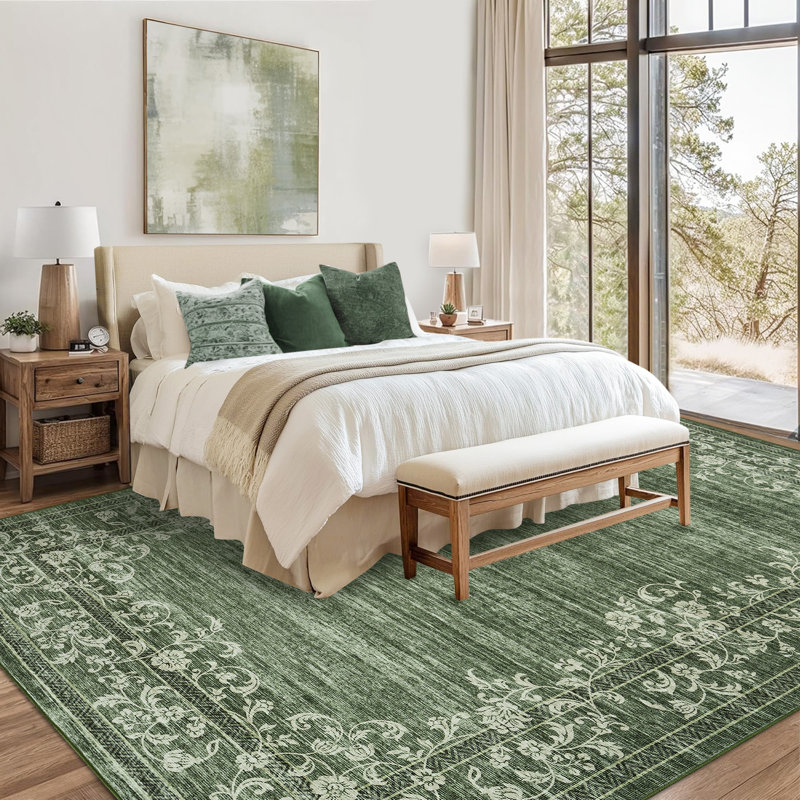 Tapis antidérapant lavable à la machine pour le salon Bordure florale à motif vieilli rétro, Rectangle 10 pi x 13 pi
