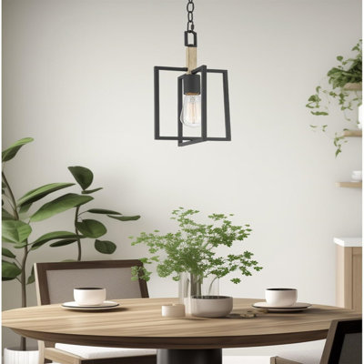 Luminaire suspendu 15 po + design ouvert, finition bois de chêne blanchi + finition noire sablée