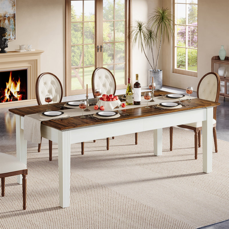 Dining Table For 4-6 People, 62-Inch Rectangular Kitchen Table With Solid Wood Legs, White, Dark Brown