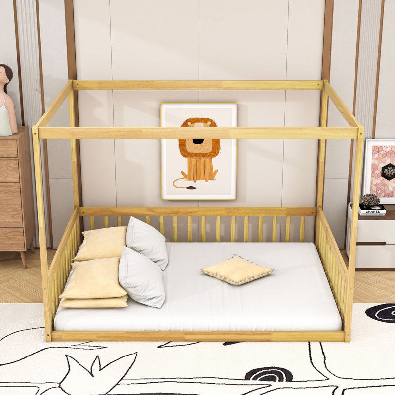 Wooden Canopy Floor Bed With Fence, Natural, Full