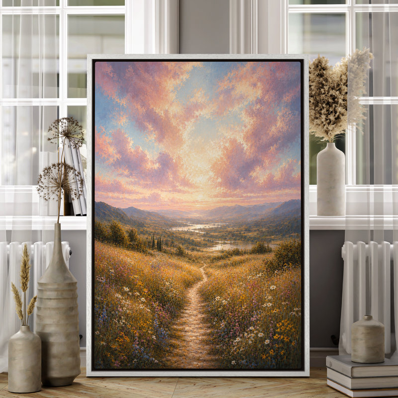 Art mural sur toile encadrée - Chemin de prairie ensoleillé sous un ciel dramatique - 16 po x 24 po, 24 po x 36 po, White