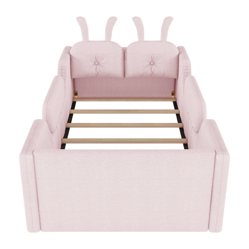 Lit plateforme tapissier simple avec coussin en lapin, lit tapissier pour enfants avec rails latéraux amovibles