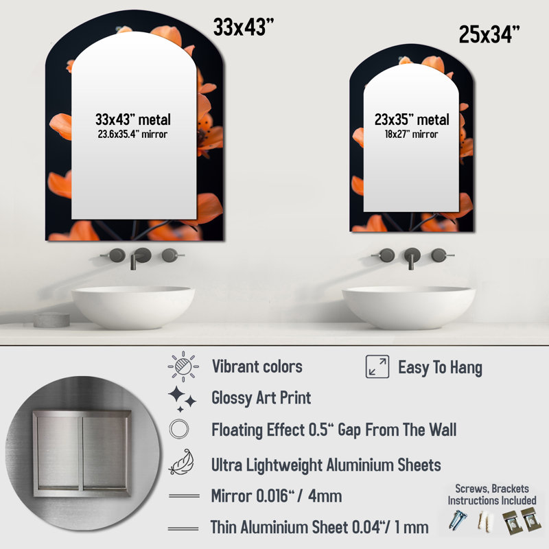 Grand miroir mural asymétrique orange et noir, fleurs de cerisier fraîchement coupées I - fleur de cerisier, 43 po x 33 po