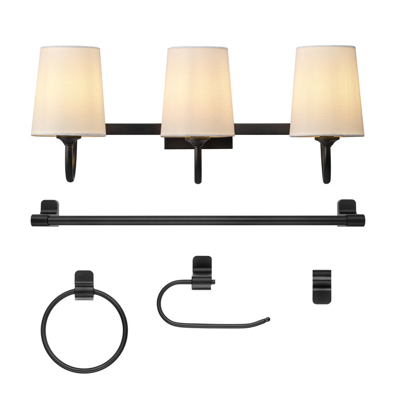 5-Piece All-In-One Matte Black Bathroom Kit With 22" 3-Light Vanity Light And Damp Rated Linen Shade