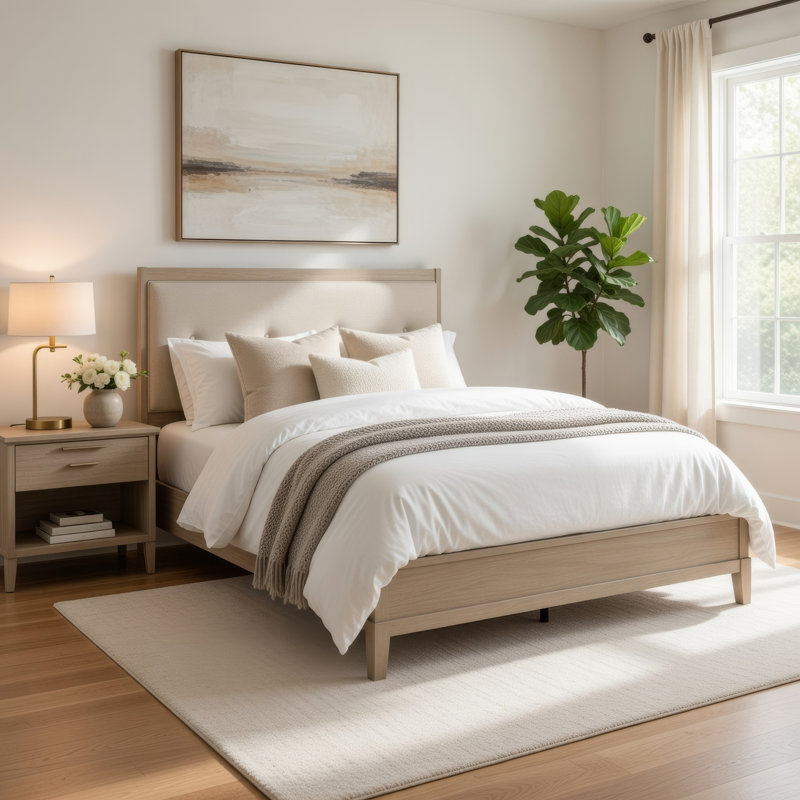 Lit double Hadly, tête de lit capitonnée, revêtement en similicuir de luxe, bois beige, Lit double